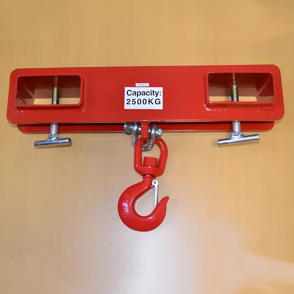 Rotatable iron forklift hook with safety locking device for converting a forklift to a mobile crane.