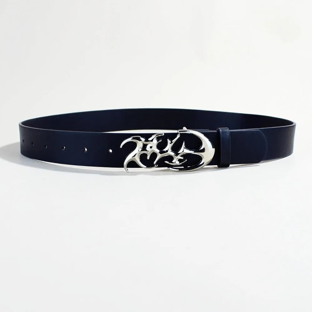 Men's silver buckle casual belt with PU leather strap, showing snap button closure.