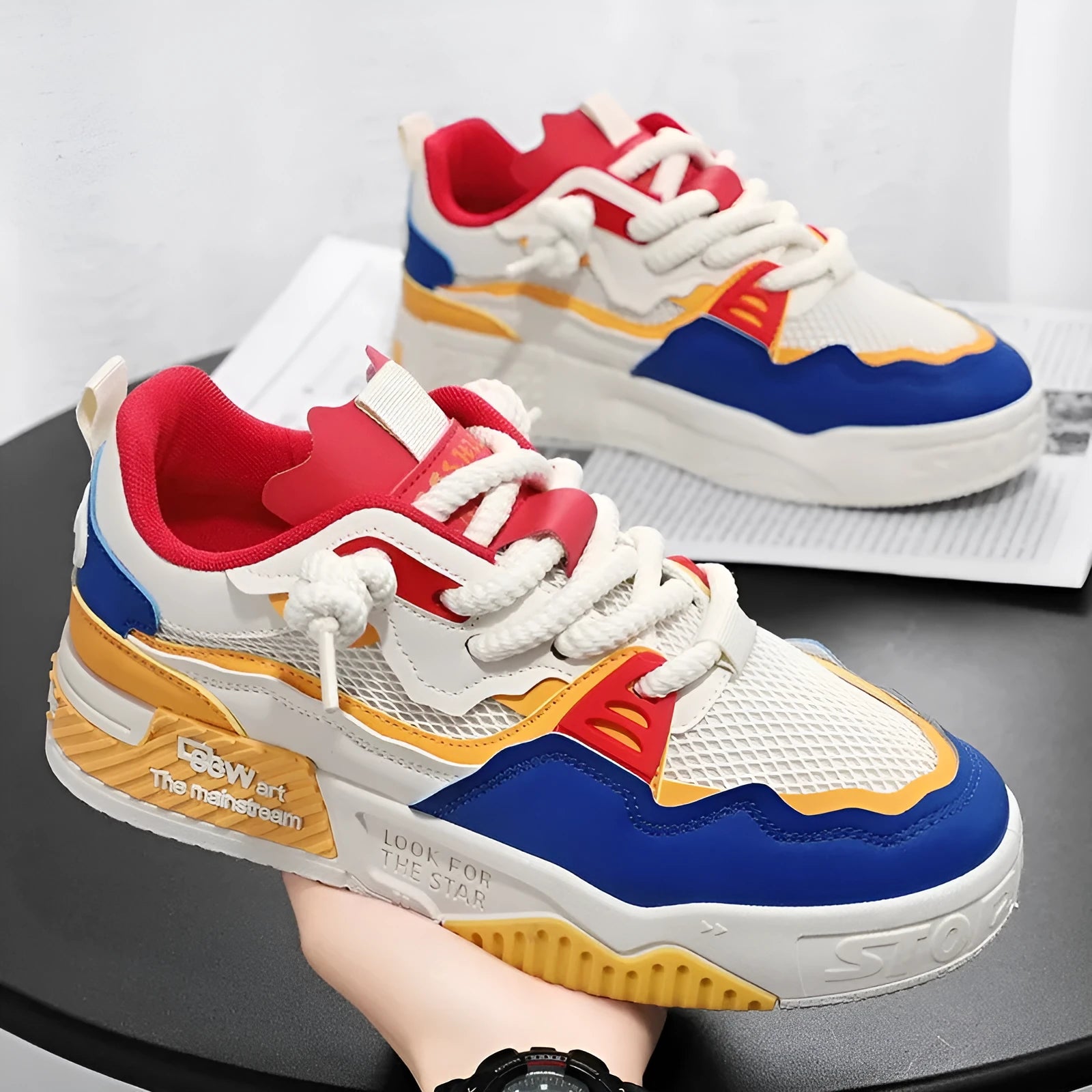 Men's white low-top board shoes with colour-matching accents on a soft rubber sole.