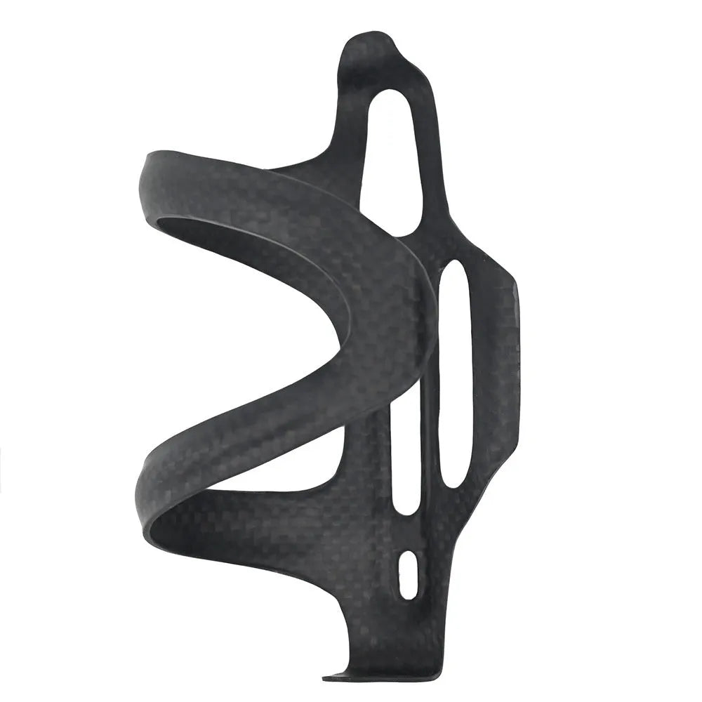 Black carbon fibre side pull bicycle water bottle cage showing mounting holes.