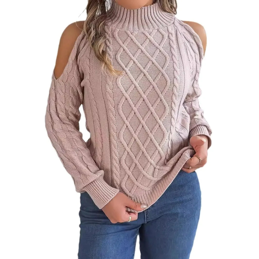 Women's casual sweater with twisted strapless half-high collar and lantern long sleeves in acrylic fabric