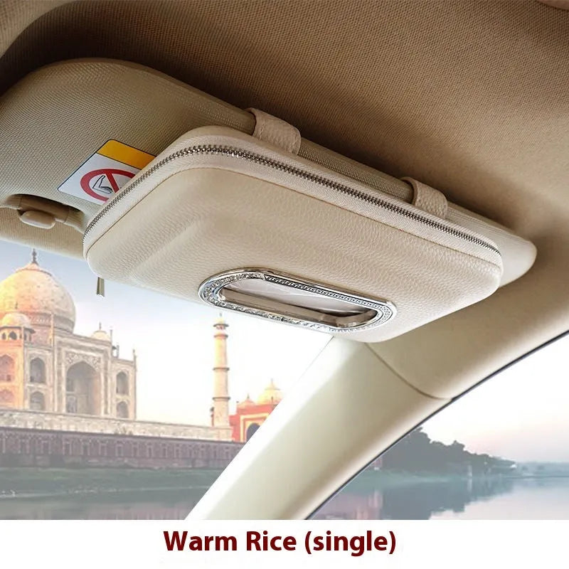 PU leather hanging car tissue box in beige diamond colour, designed for vehicle interior storage
