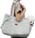 Grey pet carrier handbag with mesh panels and a safety tether for a small dog.