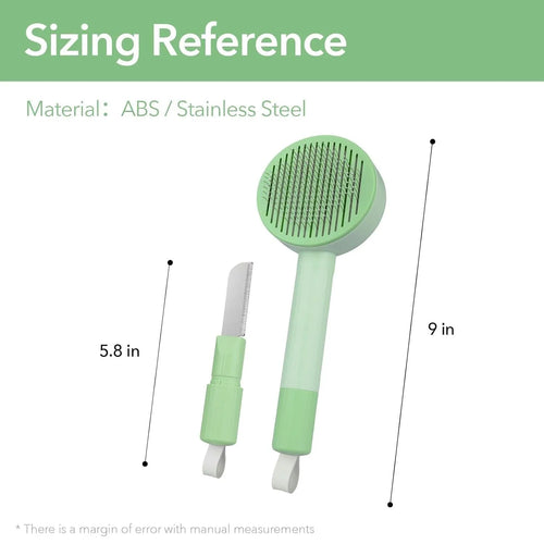 Green and yellow pet grooming brush with stainless steel teeth for cats and dogs