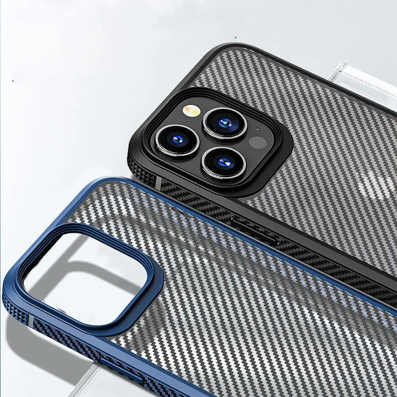 Anti-fall TPU and PC phone case for iPhone 13 series with carbon fibre pattern, black colour option