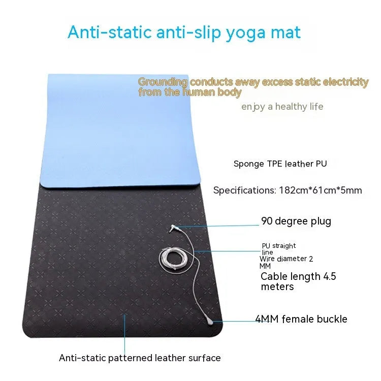 Blue conductive yoga mat with floral pattern, showing grounding wire and non-slip texture, dimensions 182x61cm.