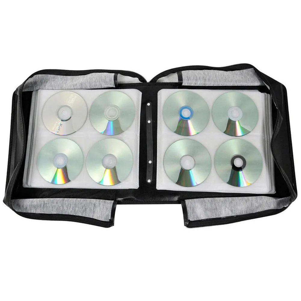 Black Oxford fabric CD storage binder with zipper and top carry strap