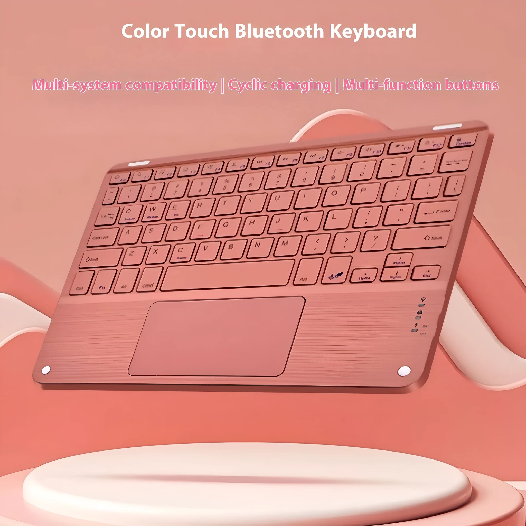 Square hat touch Bluetooth wireless keyboard showing colour options including black, white, orange red, green, yellow, purple, cloudy blue, and Qingshan Dai