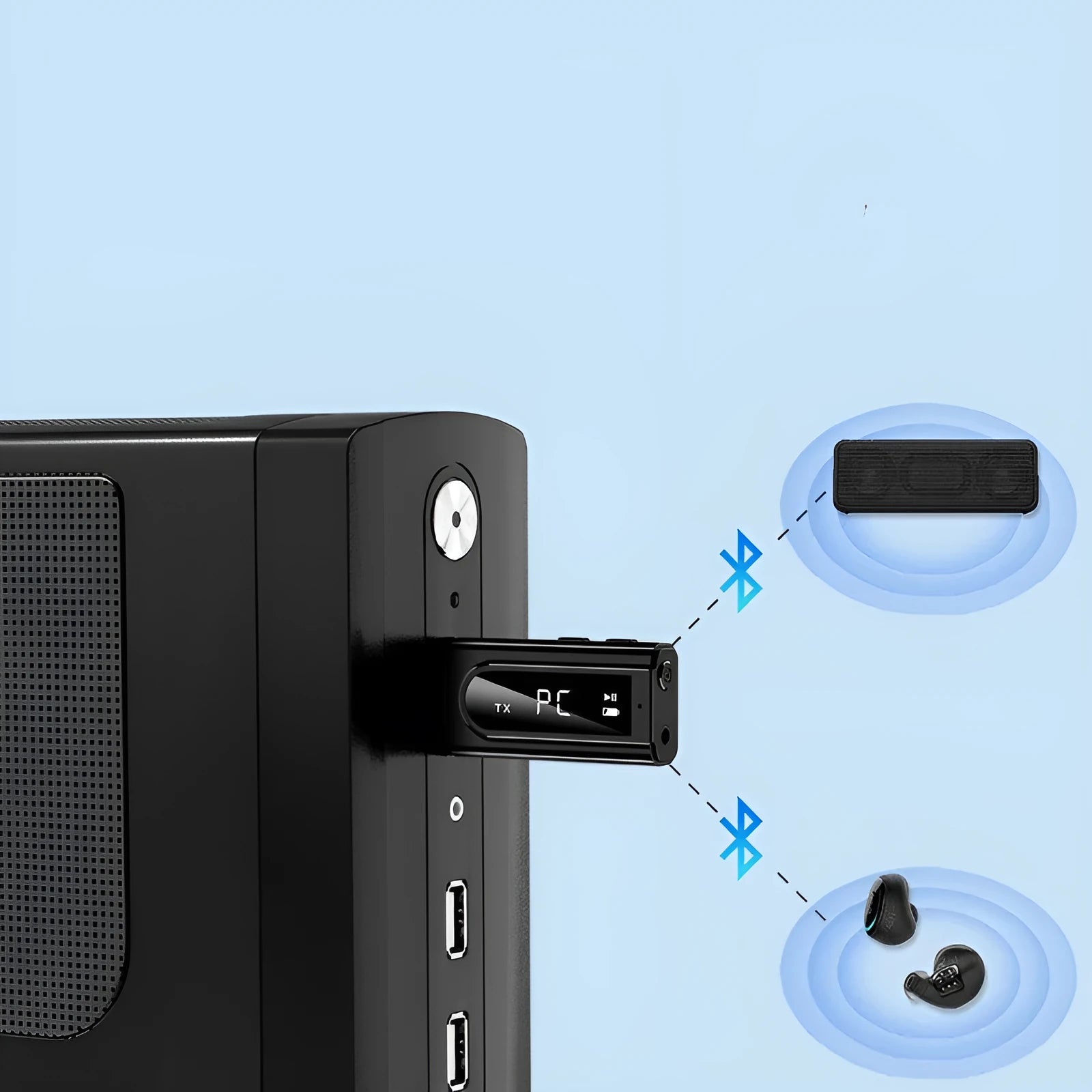 Black USB car FM Bluetooth receiver for wireless audio streaming to car stereo