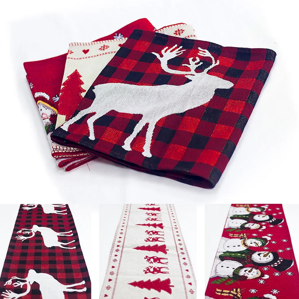 Cotton linen Christmas table runner 35x180cm with elk and snowman print for holiday dining
