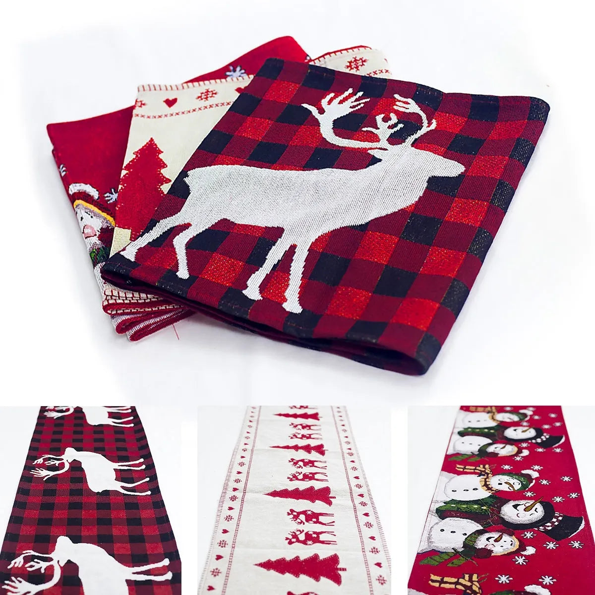 Cotton linen Christmas table runner 35x180cm with elk and snowman print for holiday dining