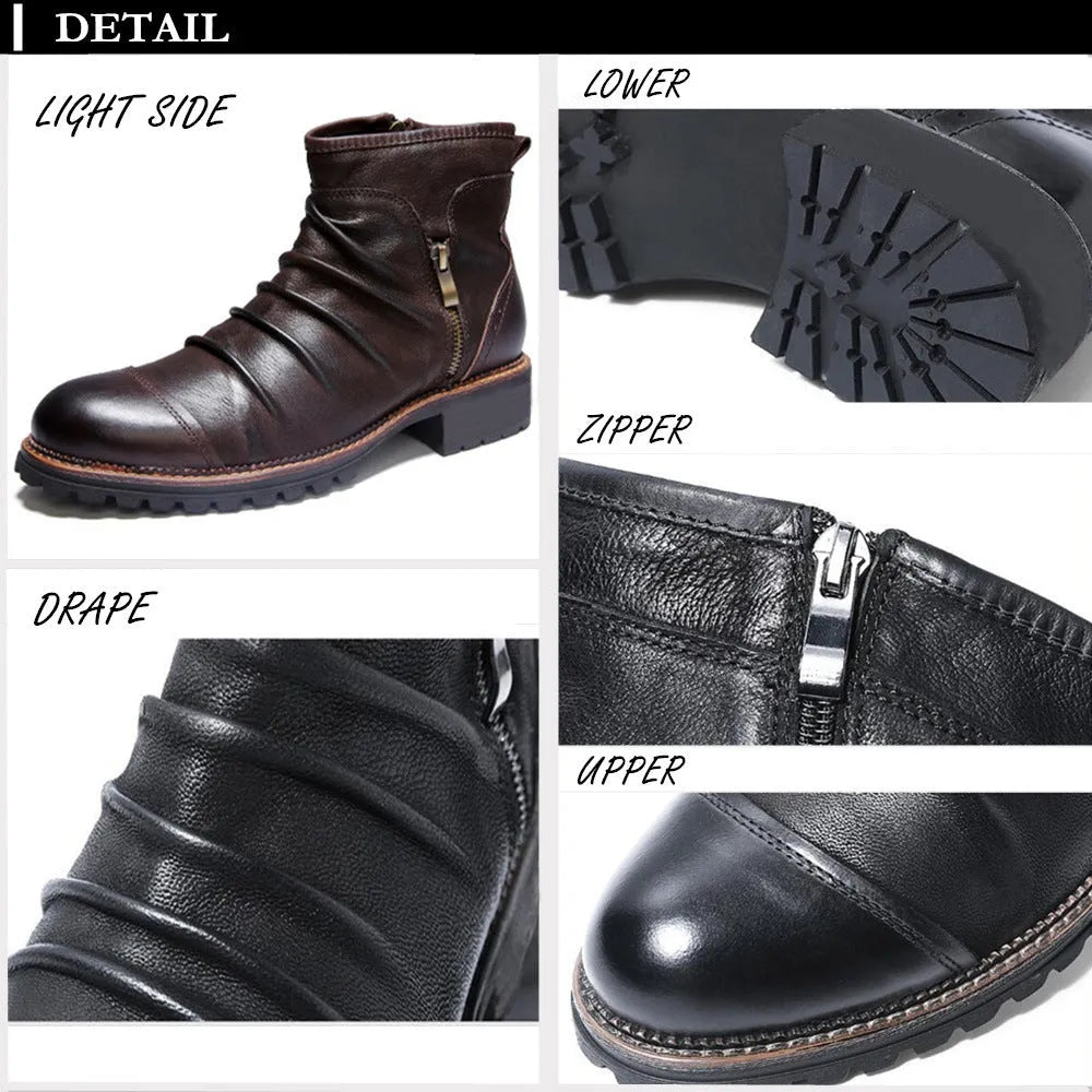 Men's black Martin cowboy boots with side zip and embossed artificial PU upper