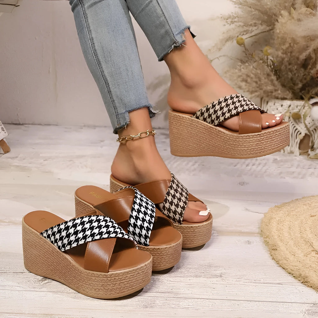 Women's brown leopard plaid wedge sandals with cross ankle strap and rubber sole