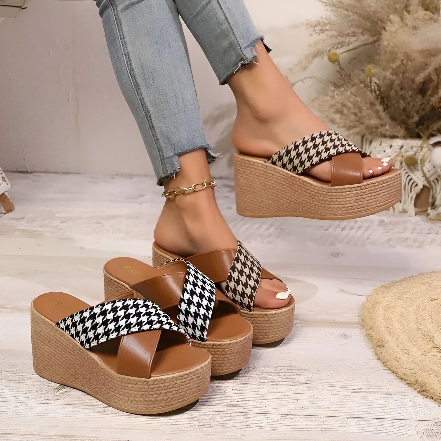 Women's brown leopard plaid wedge sandals with cross ankle strap and rubber sole