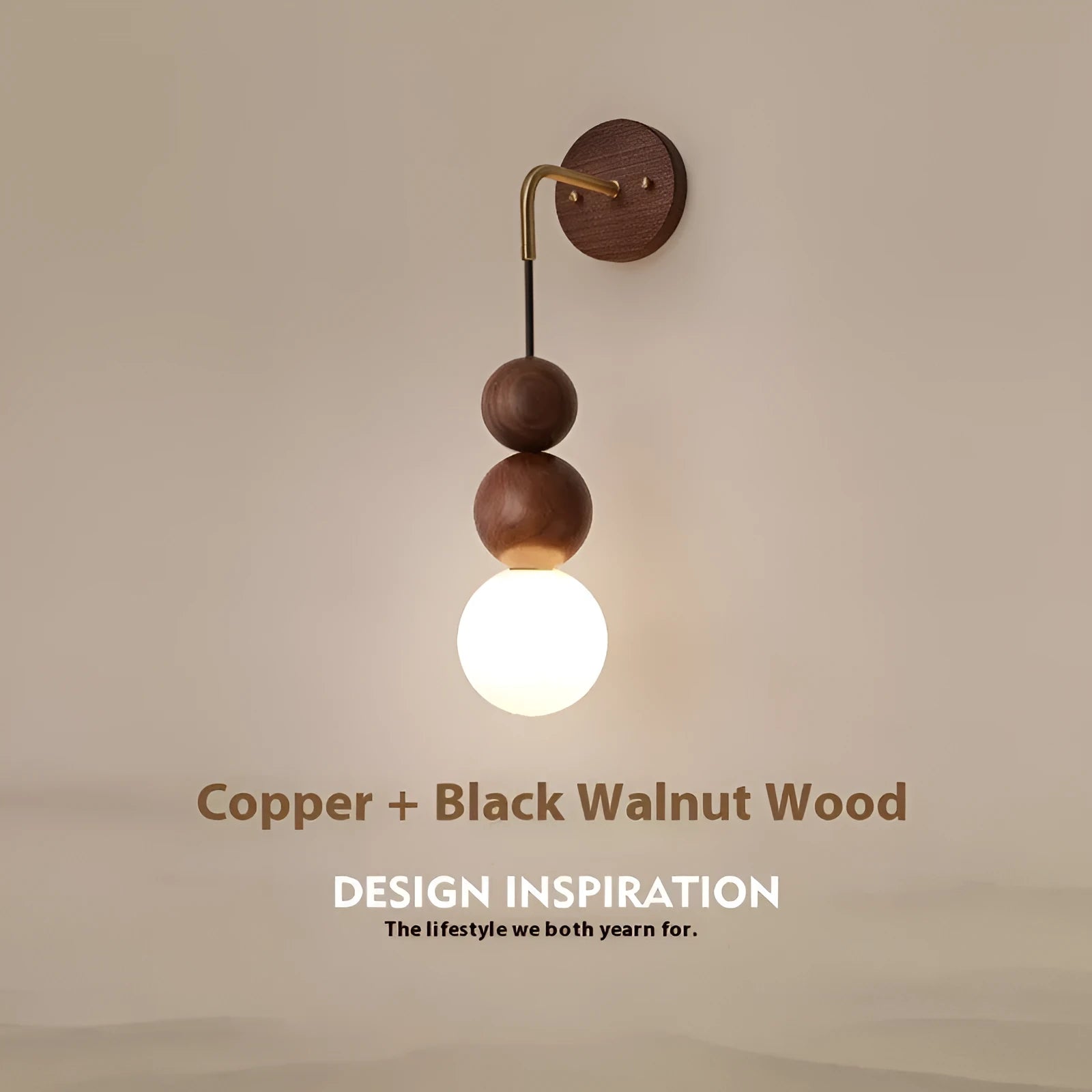 Wood and copper wall lamp with tricolour light and lollipop suspension wire model, 10cm diameter 50cm height, 220V.