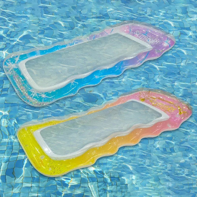 PVC thick sequins wave inflatable floating row in gradient colours with mesh deck chair design