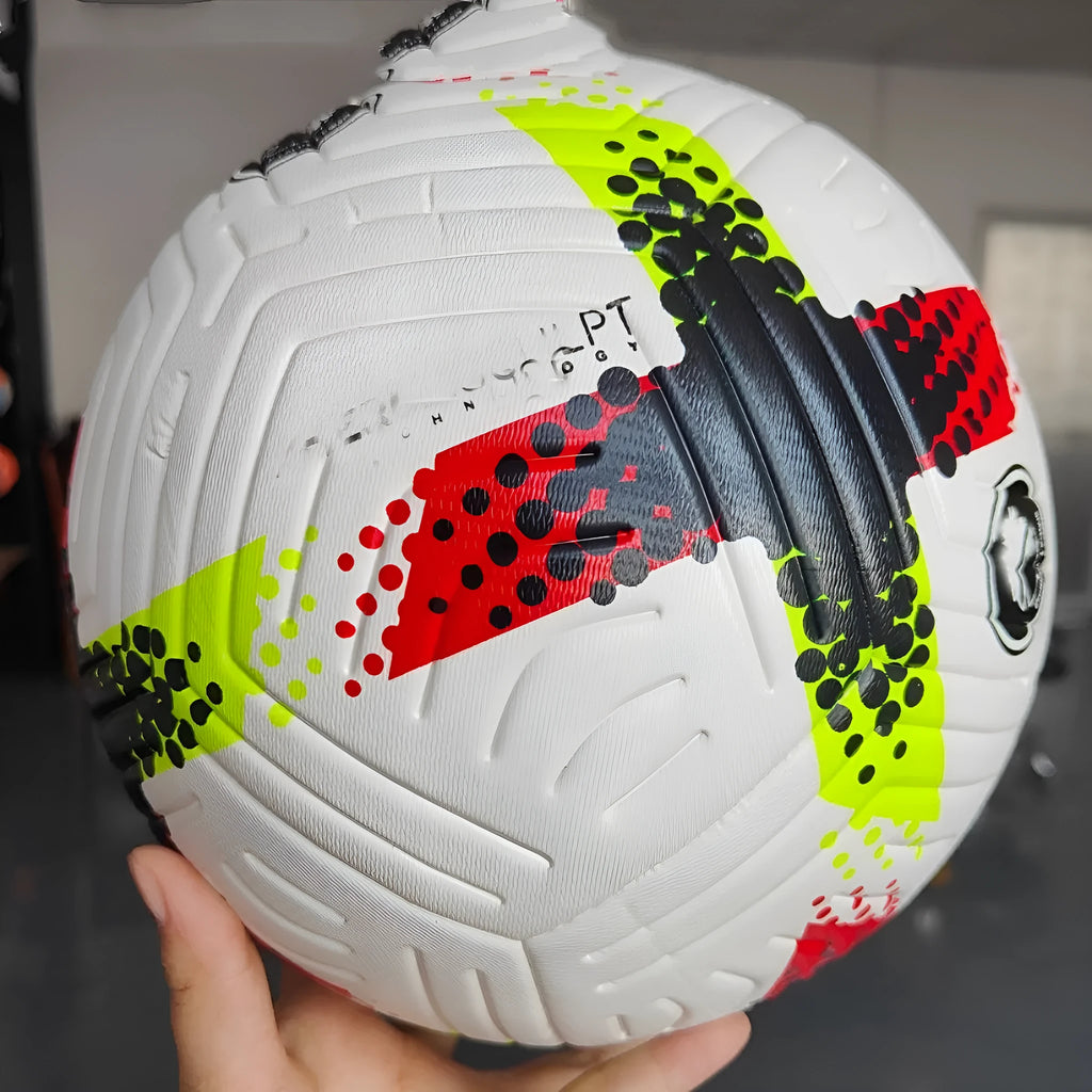 Fluorescent green size 5 PU football with seamless thermal adhesive patch construction.