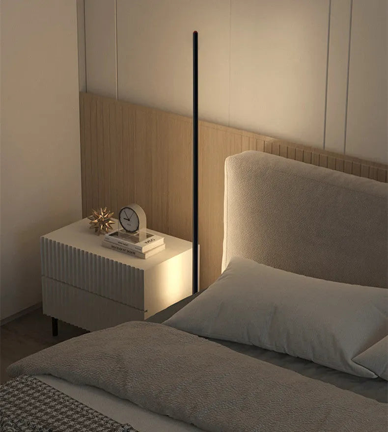 Vertical aluminium alloy floor lamp with a simple modern design and USB plug.