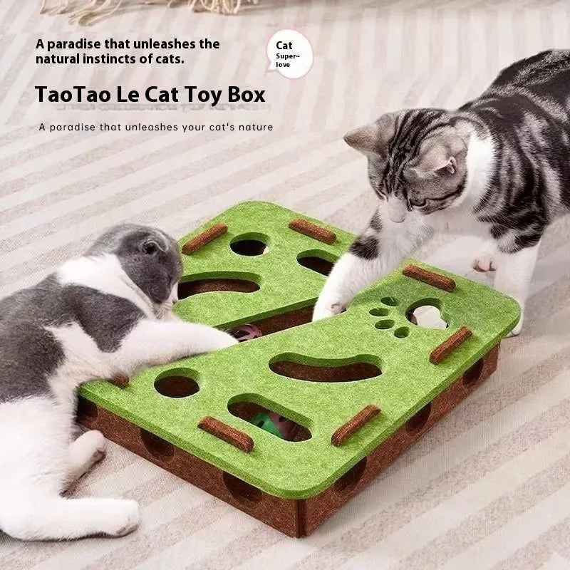 Felt box cat toy with multiple holes for paws, measuring 30x30x7.5 cm in green brown colour.