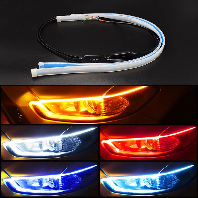 Silicone car LED daytime running light strip with wires, showing flowing turn signal effect.