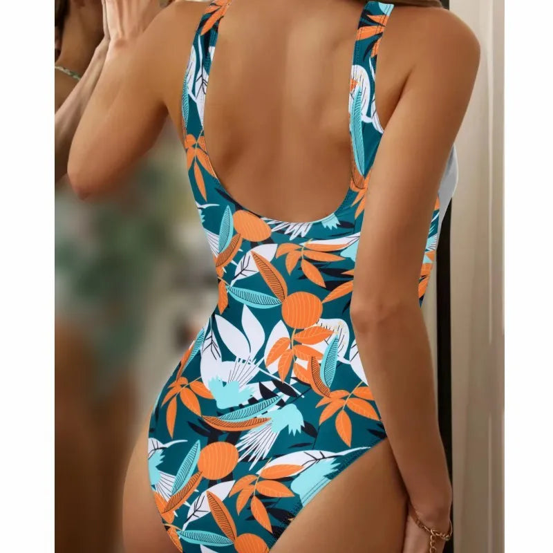 Women's high-waisted printed one-piece bikini with quick-dry lining for swimming