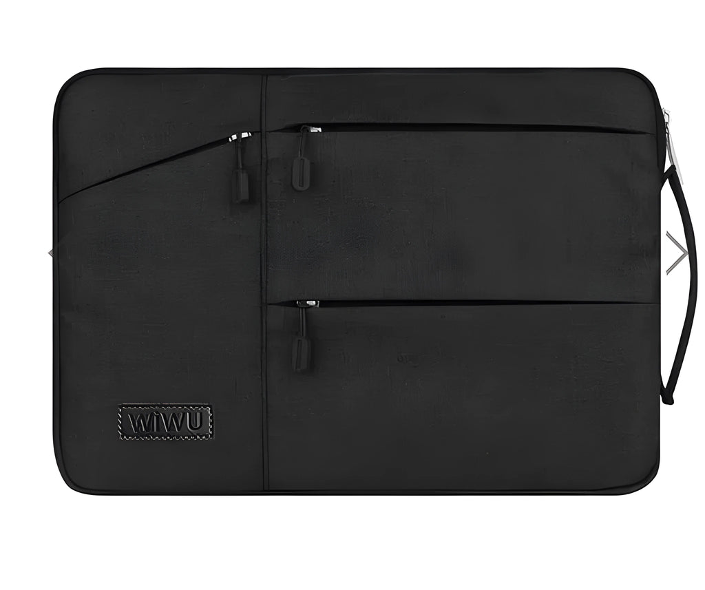 Shockproof portable laptop case in black nylon with zipper closure and interior pockets, fits 15.6 inch laptop