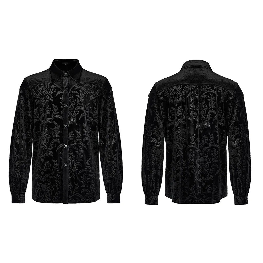 Gothic Court black velvet men's shirt with pointed collar and decorative fasteners