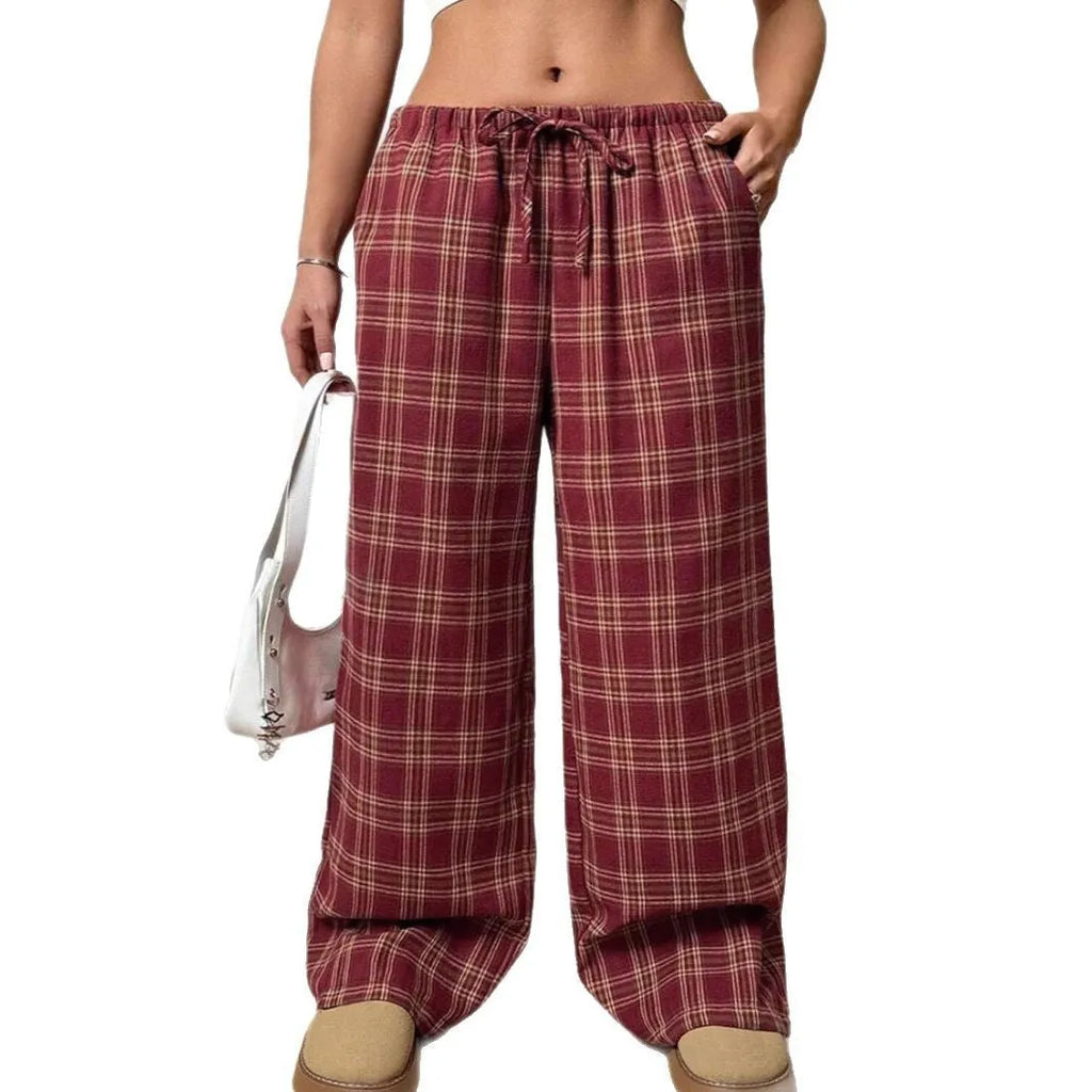 Women's casual loose fit trousers with drawstring waist and plaid pattern in red colour
