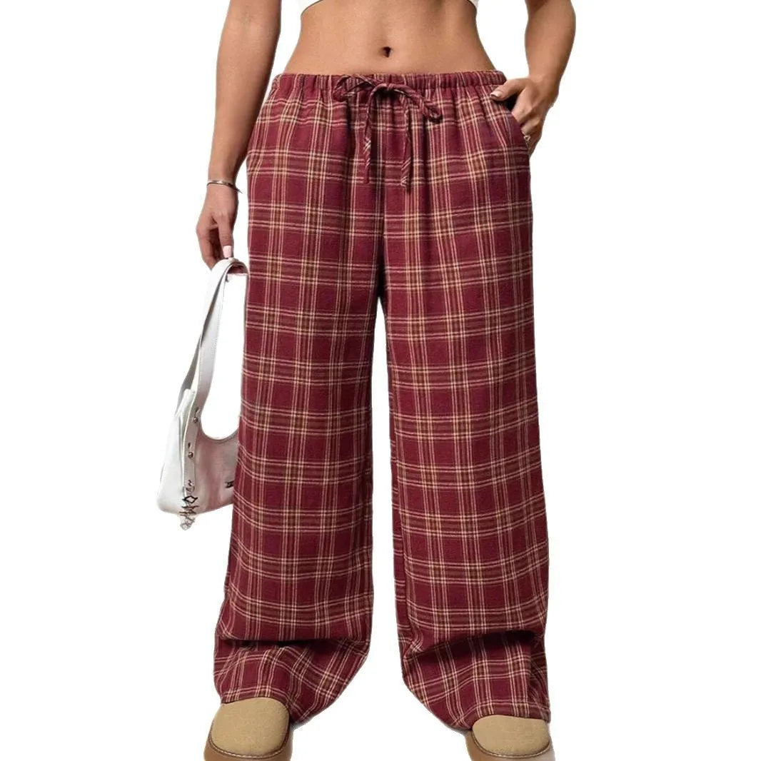 Women's casual loose fit trousers with drawstring waist and plaid pattern in red colour