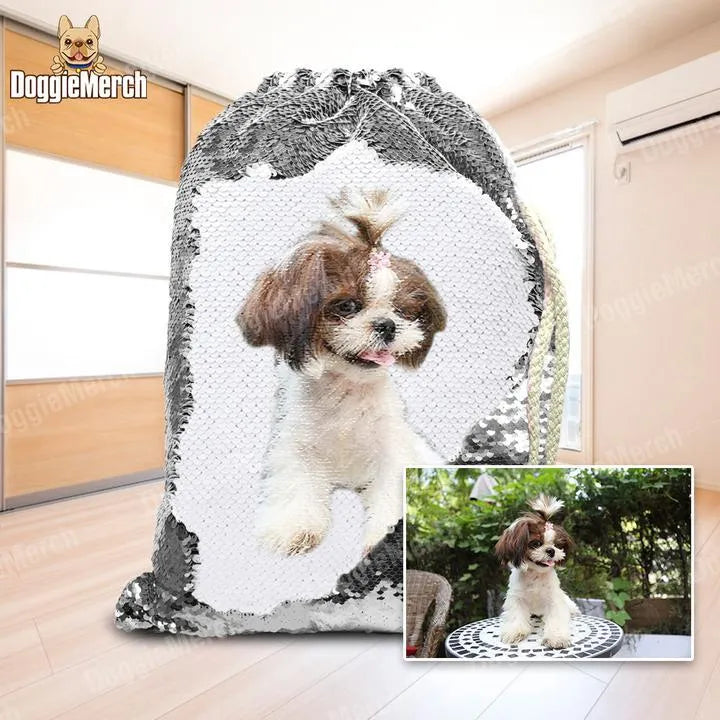 Custom pet photo backpack with sequins in purple, gold, silver, or yellow, drawstring opening, 34x45 cm