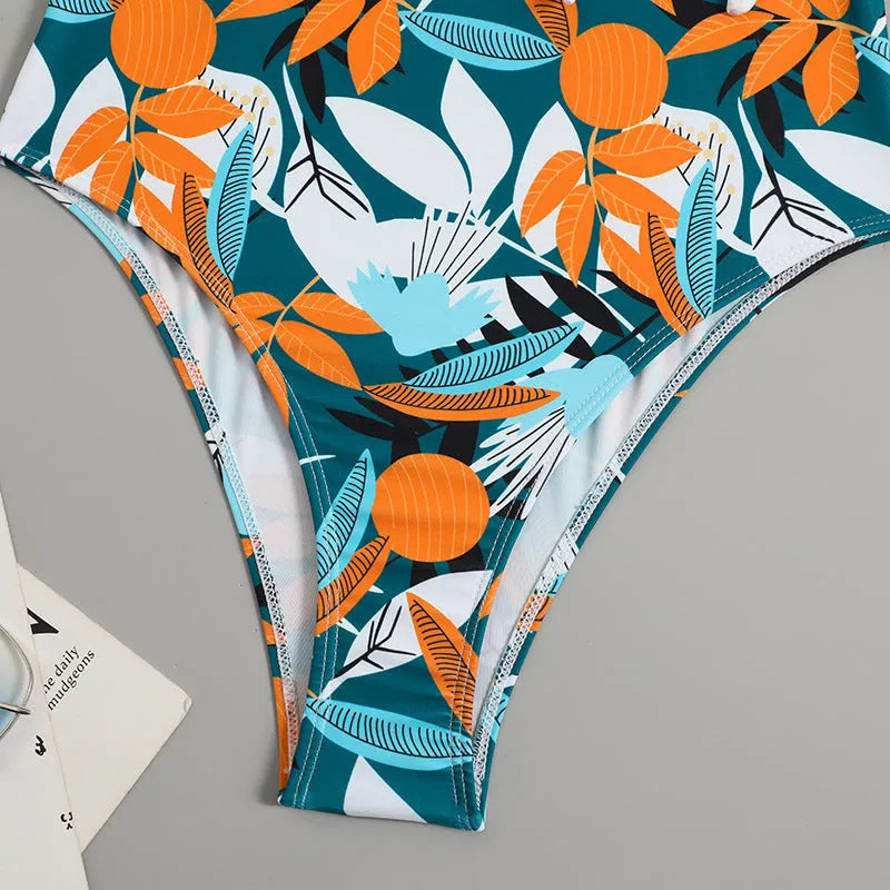 Women's high-waisted printed one-piece bikini with quick-dry lining for swimming
