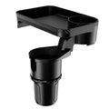 Black car-mounted 360-degree rotating dinner tray holder inserted in vehicle cup holder