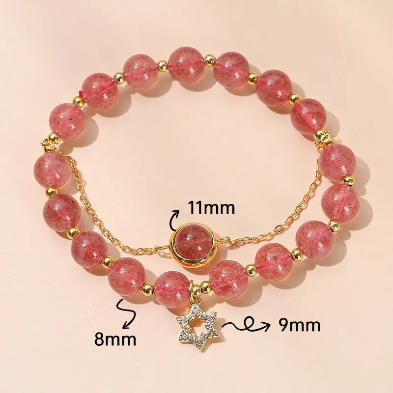 Crystal agate design bracelet with natural pink crystal and shape transfer beads on white background