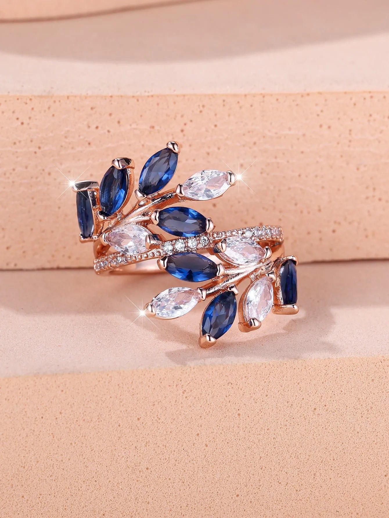 Adjustable horse eye zircon leaf fashion ring in copper with cubic zirconia stones