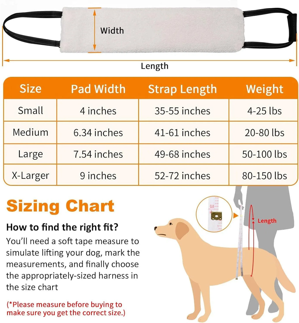Portable dog sling for hind leg support with adjustable reflective nylon straps and padded handle
