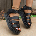 Thick bottom strap buckle round toe outdoor beach sandals in black with PU upper and rubber sole