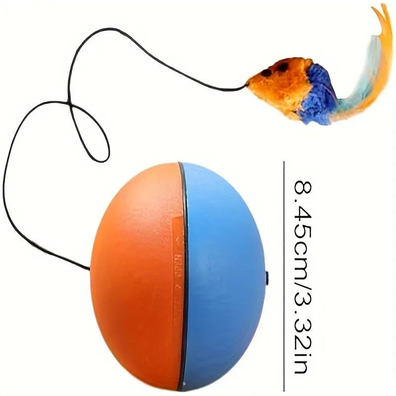 Interactive cat toy ball with blue and orange plush mouse and rolling base on floor