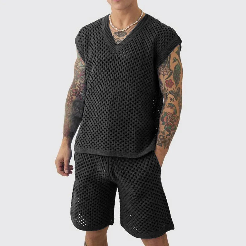 Men's blue V-neck sleeveless vest with matching sports shorts on a hanger