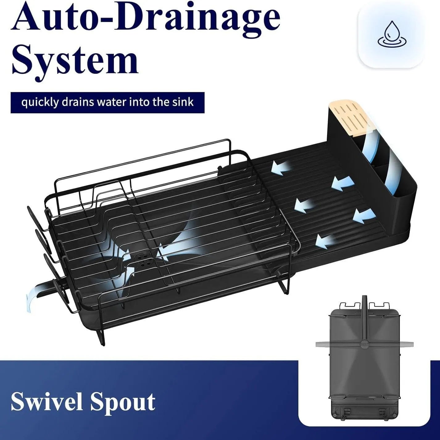 Retractable carbon steel kitchen dish drain rack for knives and forks in folded and extended positions.