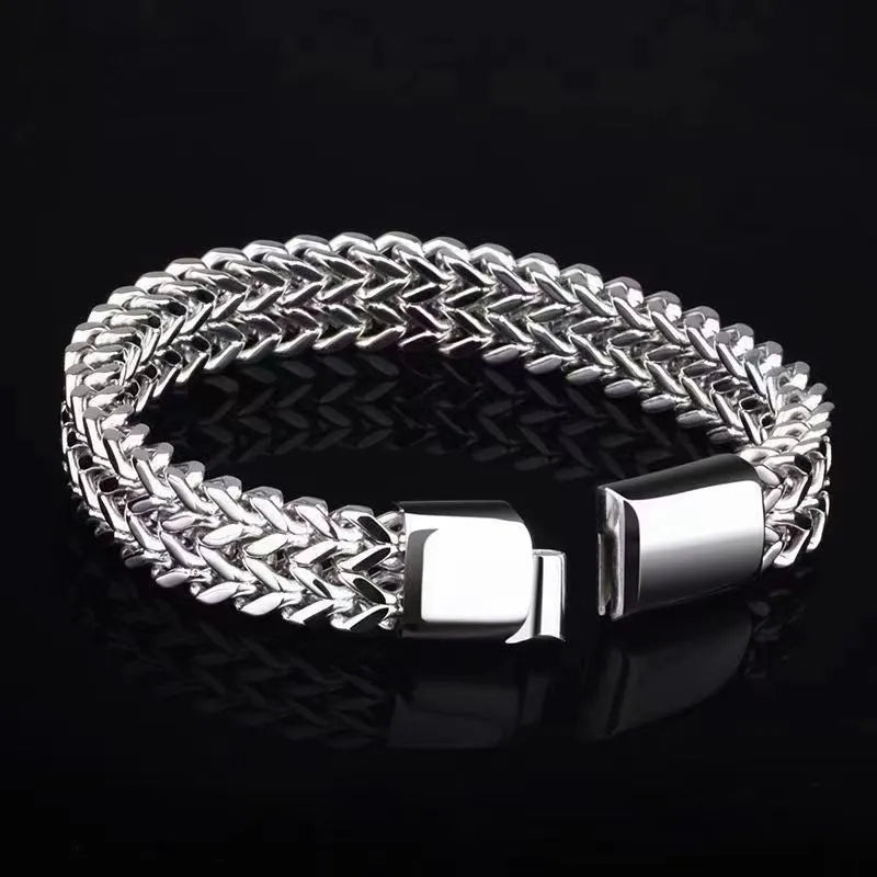Silver geometric stainless steel men's bracelet with front and back hip hop design