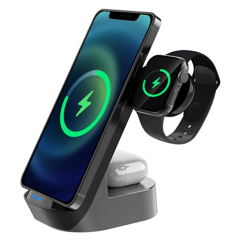 Black grey foldable 3-in-1 wireless charger vertical stand for phones, watches, and earbuds