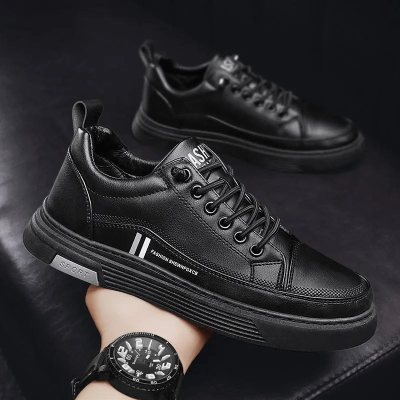 Men's black and white low-top skate shoes with elastic band and rubber soles