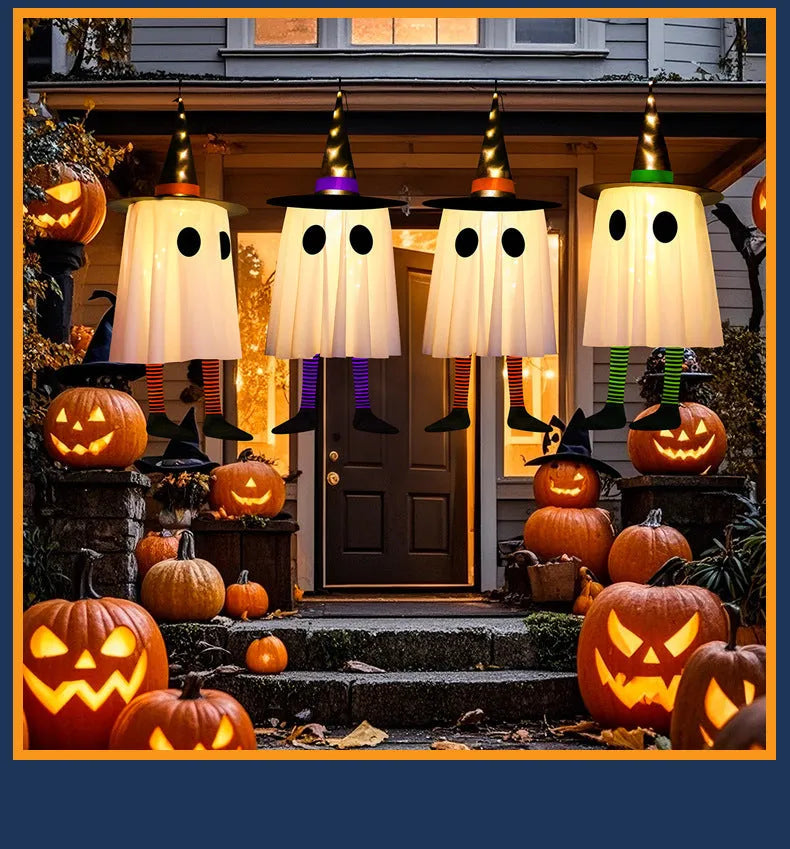 White Halloween wizard hat and ghost LED light string pendant hung indoors