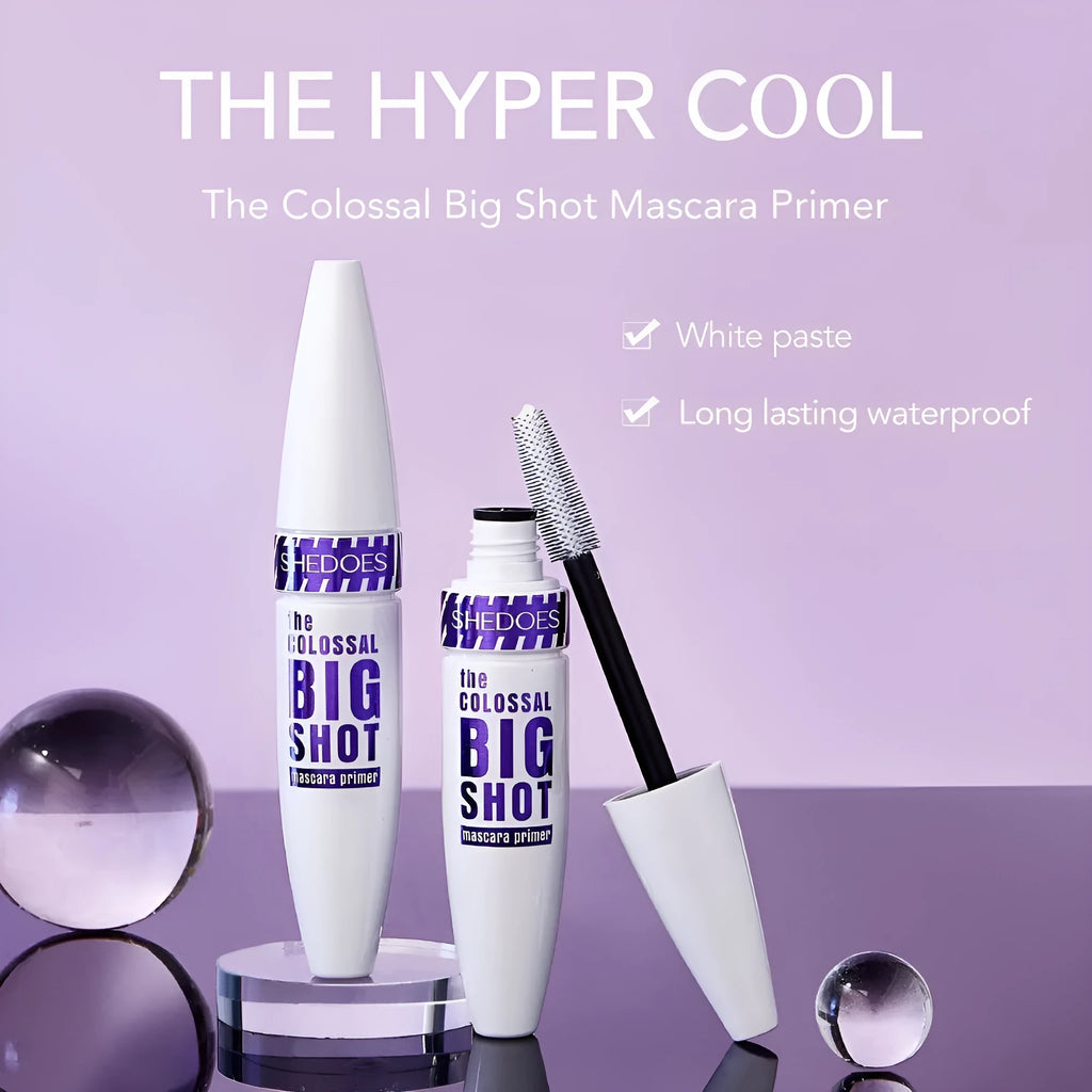 White waterproof mascara tube with 10ml net content and standard brush applicator for curling lashes