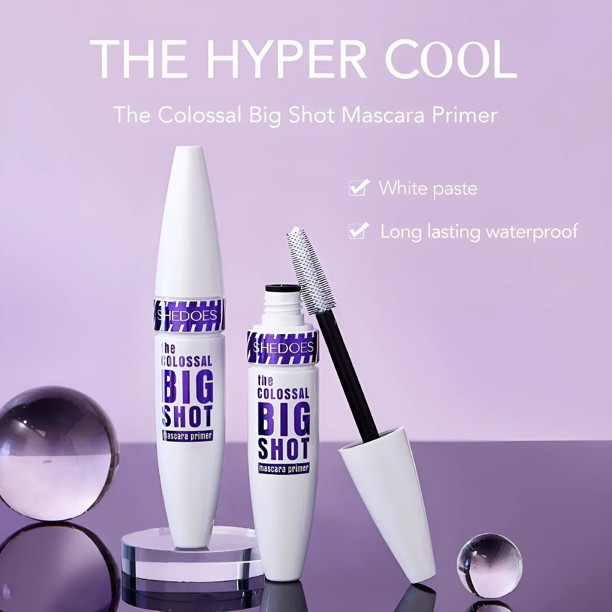 White waterproof mascara tube with 10ml net content and standard brush applicator for curling lashes