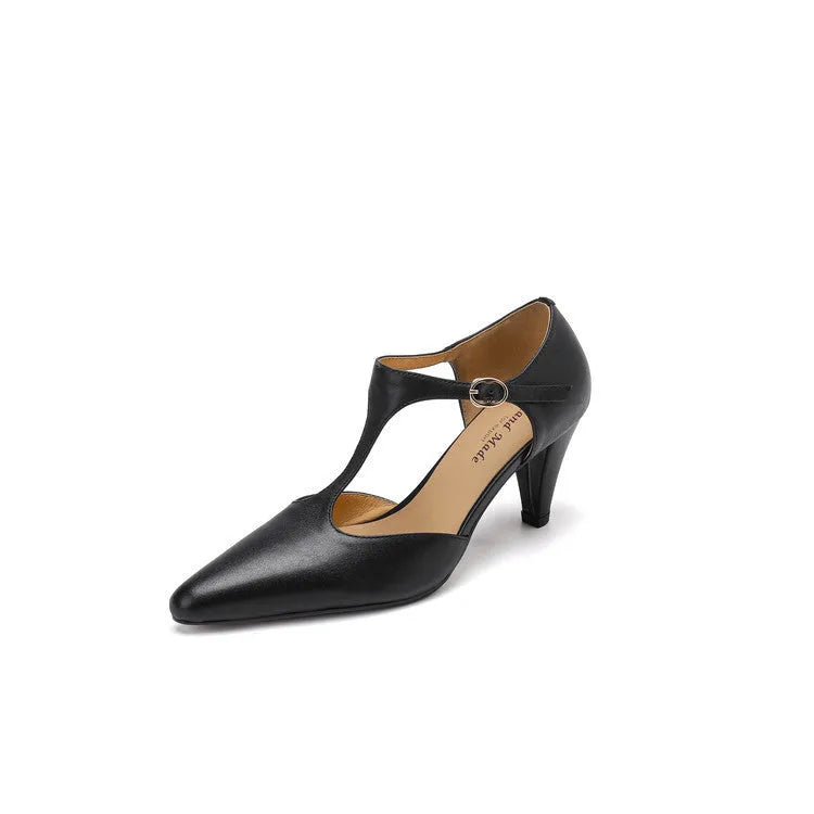 Brown women's retro T-strap closed toe sandals with a buckle and 6-8cm stout heel on a beef tendon sole.