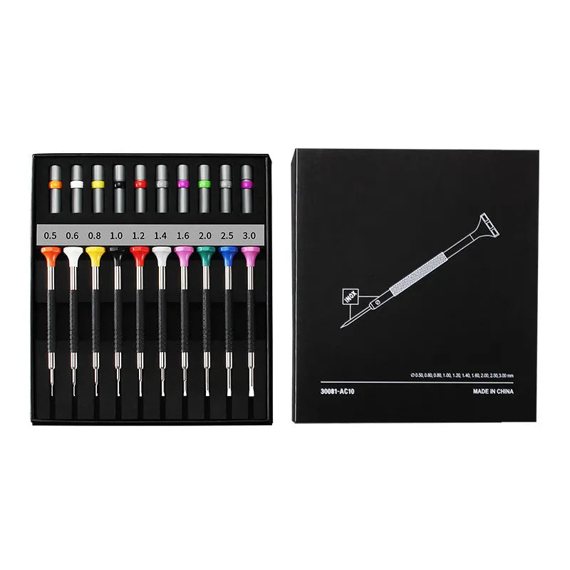 10-piece manual screwdriver set for watch repair with cross and straight heads and spare drill bits