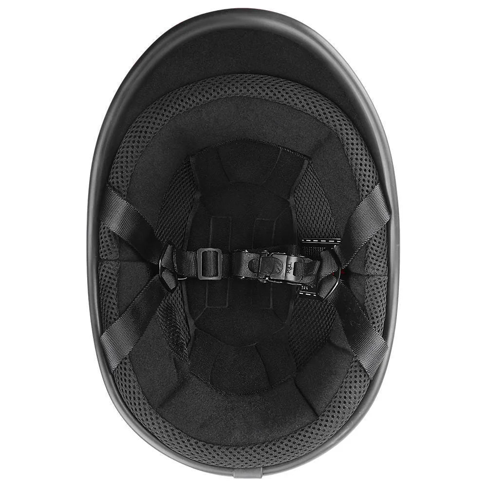 Retro hand curved ABS motorcycle helmet in matte black with visor, side view
