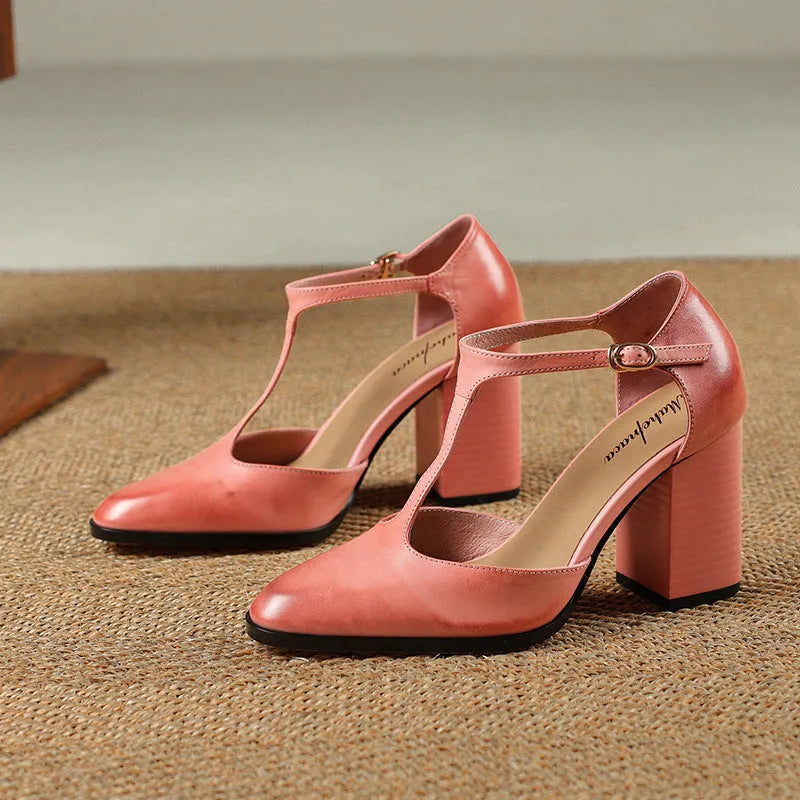 Retro pointed-toe women's Mary Jane shoes in dark brown leather with a buckle and hollow Baotou design.