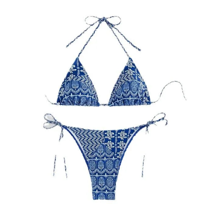 Women's bandage design bikini swimsuit with printing stitching detail in polyester material